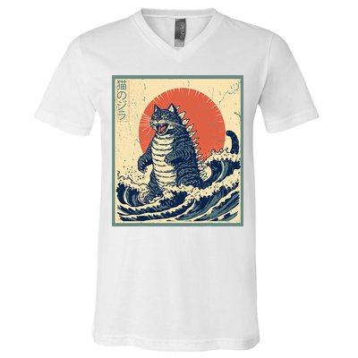 Catzilla Cat Japanese Art Funny Cat V-Neck T-Shirt
