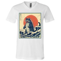 Catzilla Cat Japanese Art Funny Cat V-Neck T-Shirt