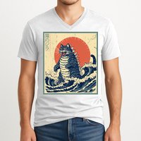 Catzilla Cat Japanese Art Funny Cat V-Neck T-Shirt