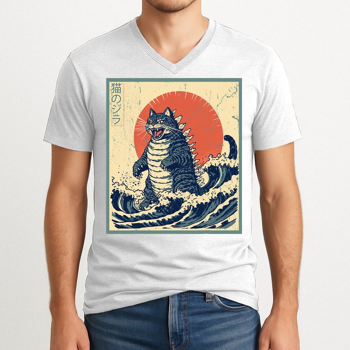 Catzilla Cat Japanese Art Funny Cat V-Neck T-Shirt