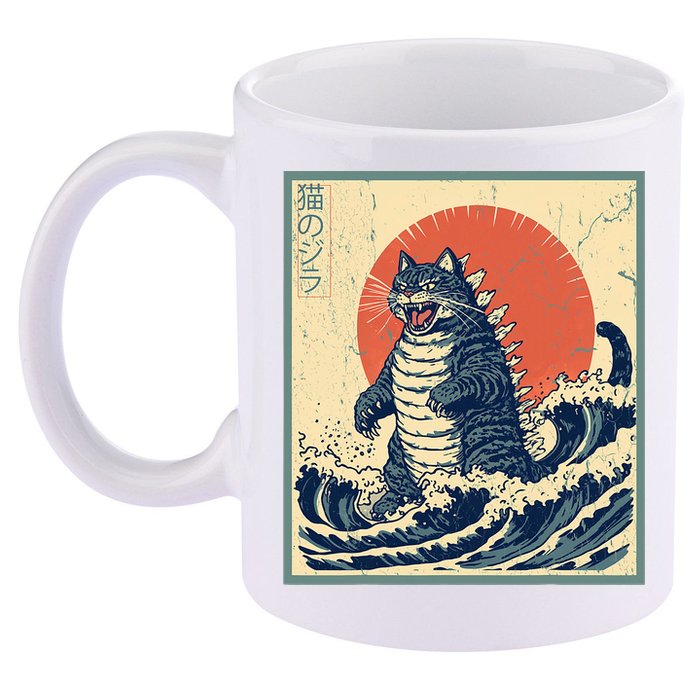 Catzilla Cat Japanese Art Funny Cat 11oz C Handle Ceramic Mug
