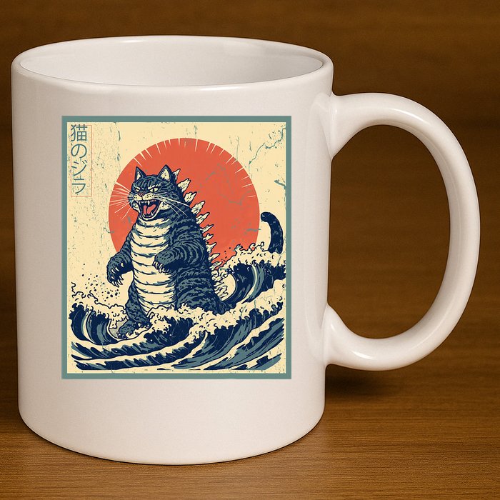 Catzilla Cat Japanese Art Funny Cat 11oz C Handle Ceramic Mug