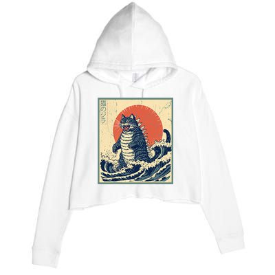 Catzilla Cat Japanese Art Funny Cat Crop Fleece Hoodie