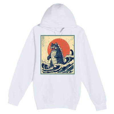 Catzilla Cat Japanese Art Funny Cat Premium Pullover Hoodie