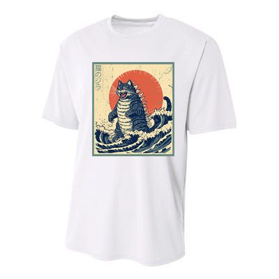 Catzilla Cat Japanese Art Funny Cat Youth Performance Sprint T-Shirt