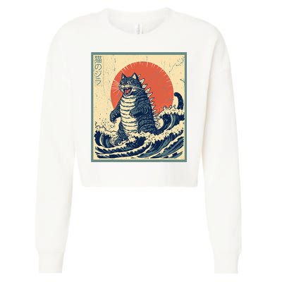 Catzilla Cat Japanese Art Funny Cat Cropped Pullover Crew