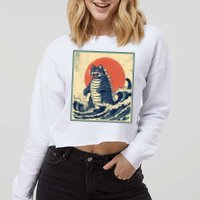 Catzilla Cat Japanese Art Funny Cat Cropped Pullover Crew