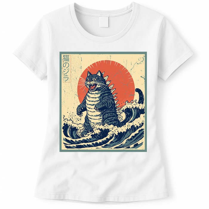 Catzilla Cat Japanese Art Funny Cat Womens T-Shirt