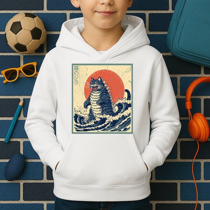 Catzilla Cat Japanese Art Funny Cat Kids Hoodie