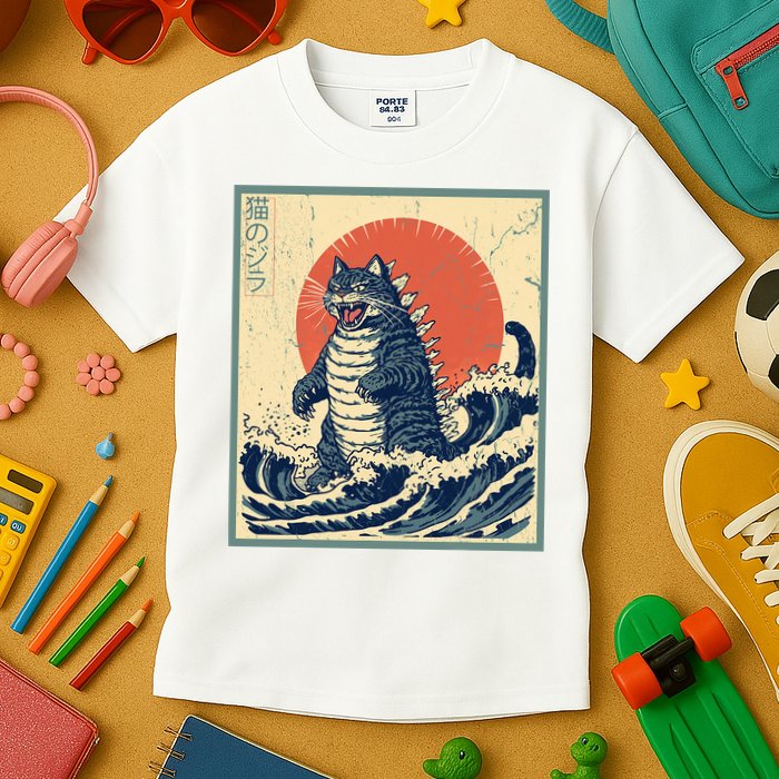 Catzilla Cat Japanese Art Funny Cat Kids T-Shirt