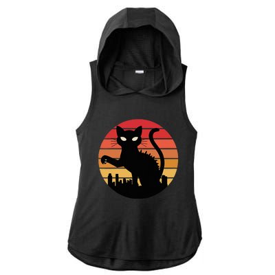 Catzilla Cat Japanese Sunset Retro Cute Ladies PosiCharge Tri-Blend Wicking Draft Hoodie Tank