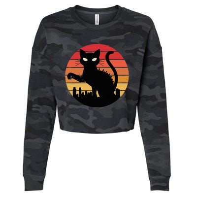 Catzilla Cat Japanese Sunset Retro Cute Cropped Pullover Crew