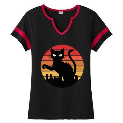 Catzilla Cat Japanese Sunset Retro Cute Ladies Halftime Notch Neck Tee