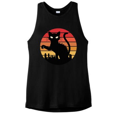 Catzilla Cat Japanese Sunset Retro Cute Ladies PosiCharge Tri-Blend Wicking Tank