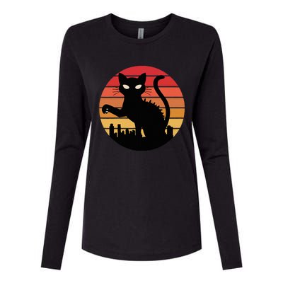 Catzilla Cat Japanese Sunset Retro Cute Womens Cotton Relaxed Long Sleeve T-Shirt