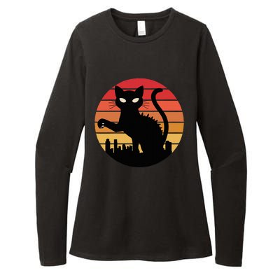 Catzilla Cat Japanese Sunset Retro Cute Womens CVC Long Sleeve Shirt