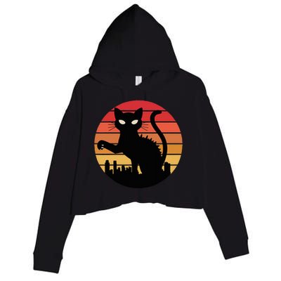 Catzilla Cat Japanese Sunset Retro Cute Crop Fleece Hoodie