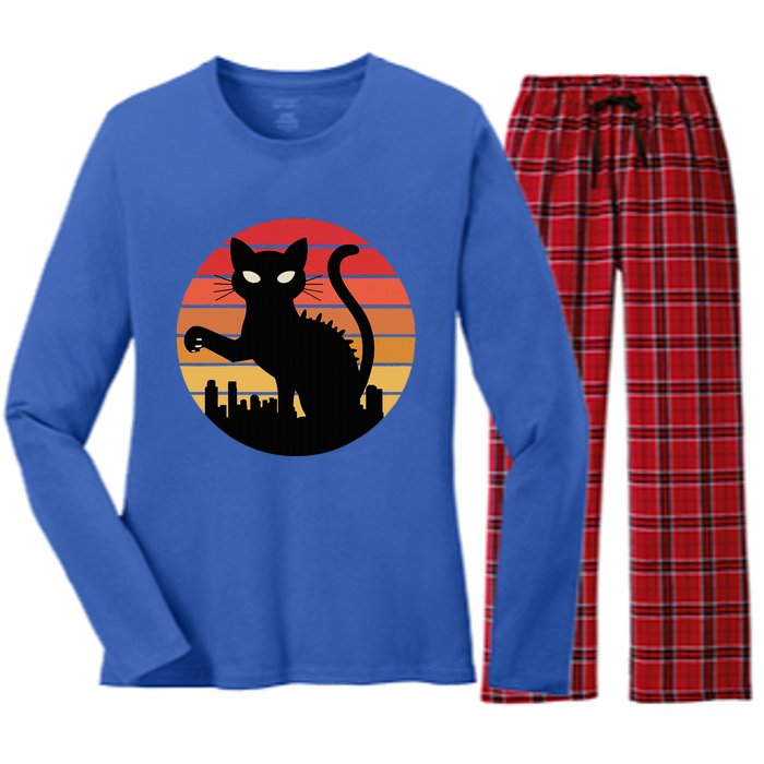 Catzilla Cat Japanese Sunset Retro Cute Women's Long Sleeve Flannel Pajama Set 