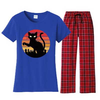 Catzilla Cat Japanese Sunset Retro Cute Women's Flannel Pajama Set