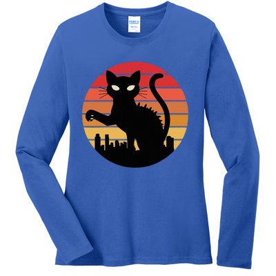 Catzilla Cat Japanese Sunset Retro Cute Ladies Long Sleeve Shirt