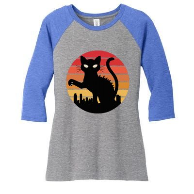 Catzilla Cat Japanese Sunset Retro Cute Women's Tri-Blend 3/4-Sleeve Raglan Shirt