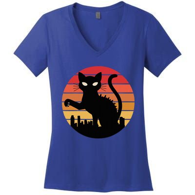 Catzilla Cat Japanese Sunset Retro Cute Women's V-Neck T-Shirt