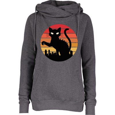 Catzilla Cat Japanese Sunset Retro Cute Womens Funnel Neck Pullover Hood