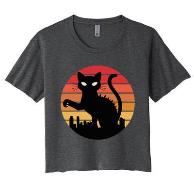 Catzilla Cat Japanese Sunset Retro Cute Women's Crop Top Tee