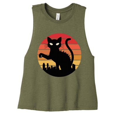 Catzilla Cat Japanese Sunset Retro Cute Women's Racerback Cropped Tank