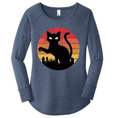 Catzilla Cat Japanese Sunset Retro Cute Women's Perfect Tri Tunic Long Sleeve Shirt