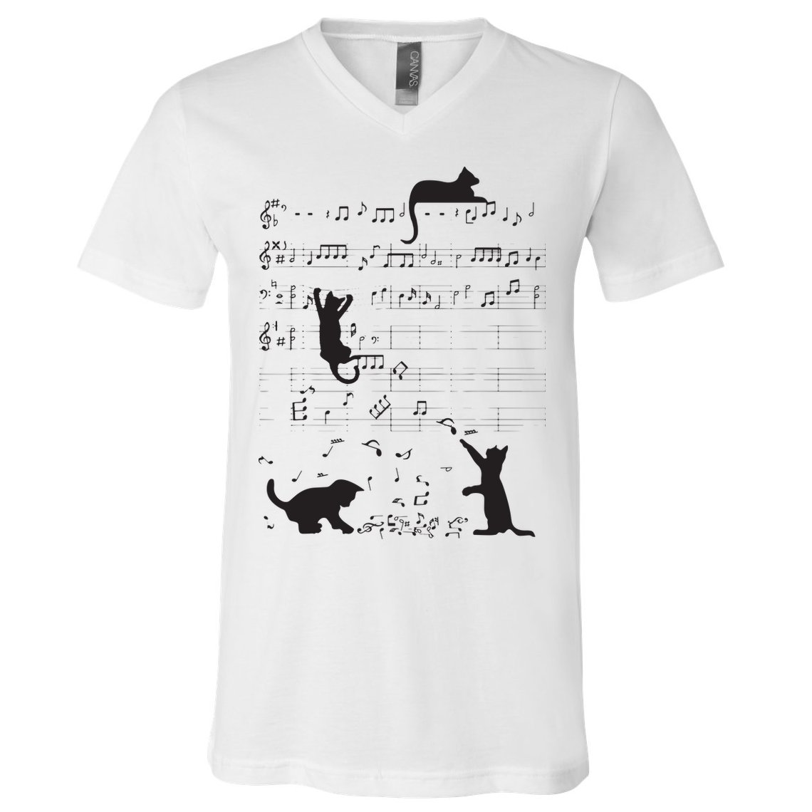 Cute Cat Kitty Playing Music Note Clef Musician Art V-Neck T-Shirt