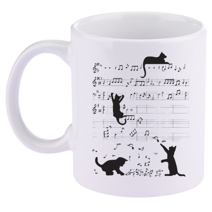 Cute Cat Kitty Playing Music Note Clef Musician Art 11oz C Handle Ceramic Mug