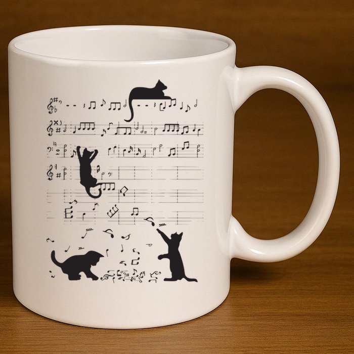Cute Cat Kitty Playing Music Note Clef Musician Art 11oz C Handle Ceramic Mug