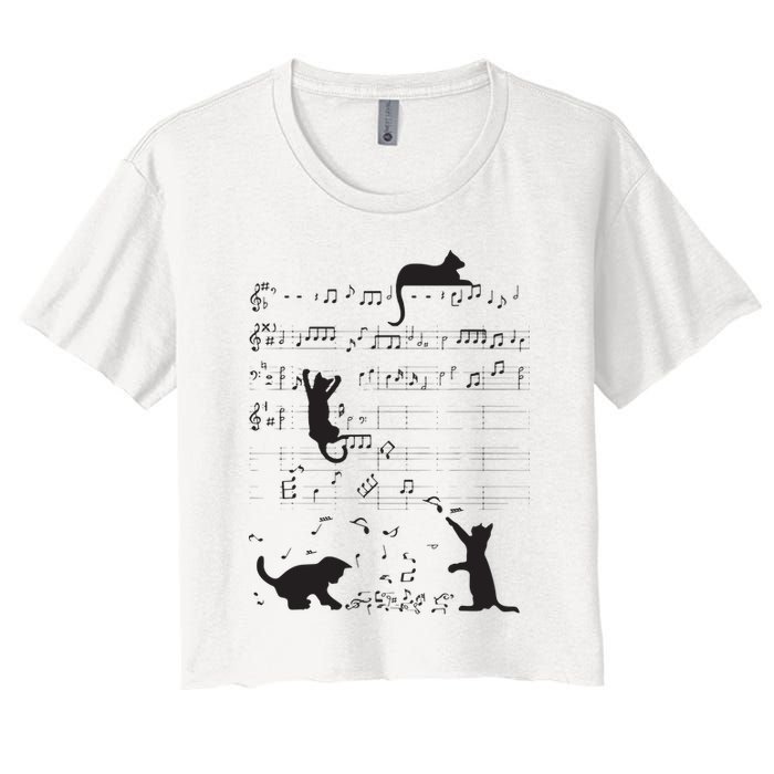 Cute Cat Kitty Playing Music Note Clef Musician Art Women's Crop Top Tee