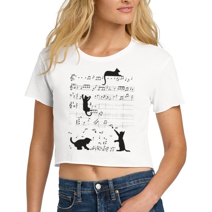 Cute Cat Kitty Playing Music Note Clef Musician Art Women's Crop Top Tee