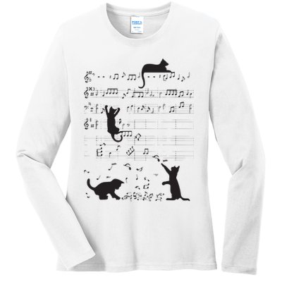 Cute Cat Kitty Playing Music Note Clef Musician Art Ladies Long Sleeve Shirt