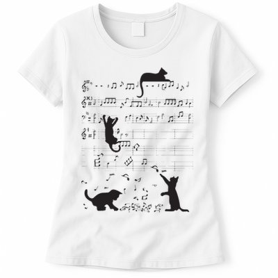 Cute Cat Kitty Playing Music Note Clef Musician Art Womens T-Shirt