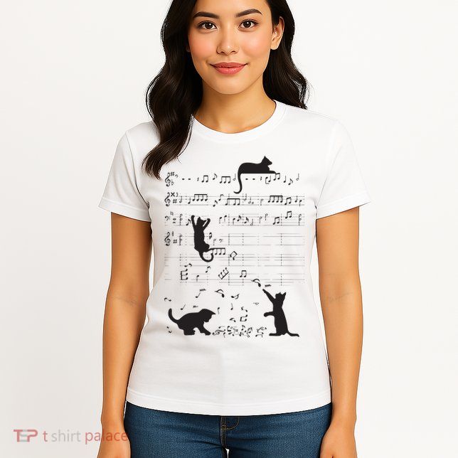 Cute Cat Kitty Playing Music Note Clef Musician Art Womens T-Shirt