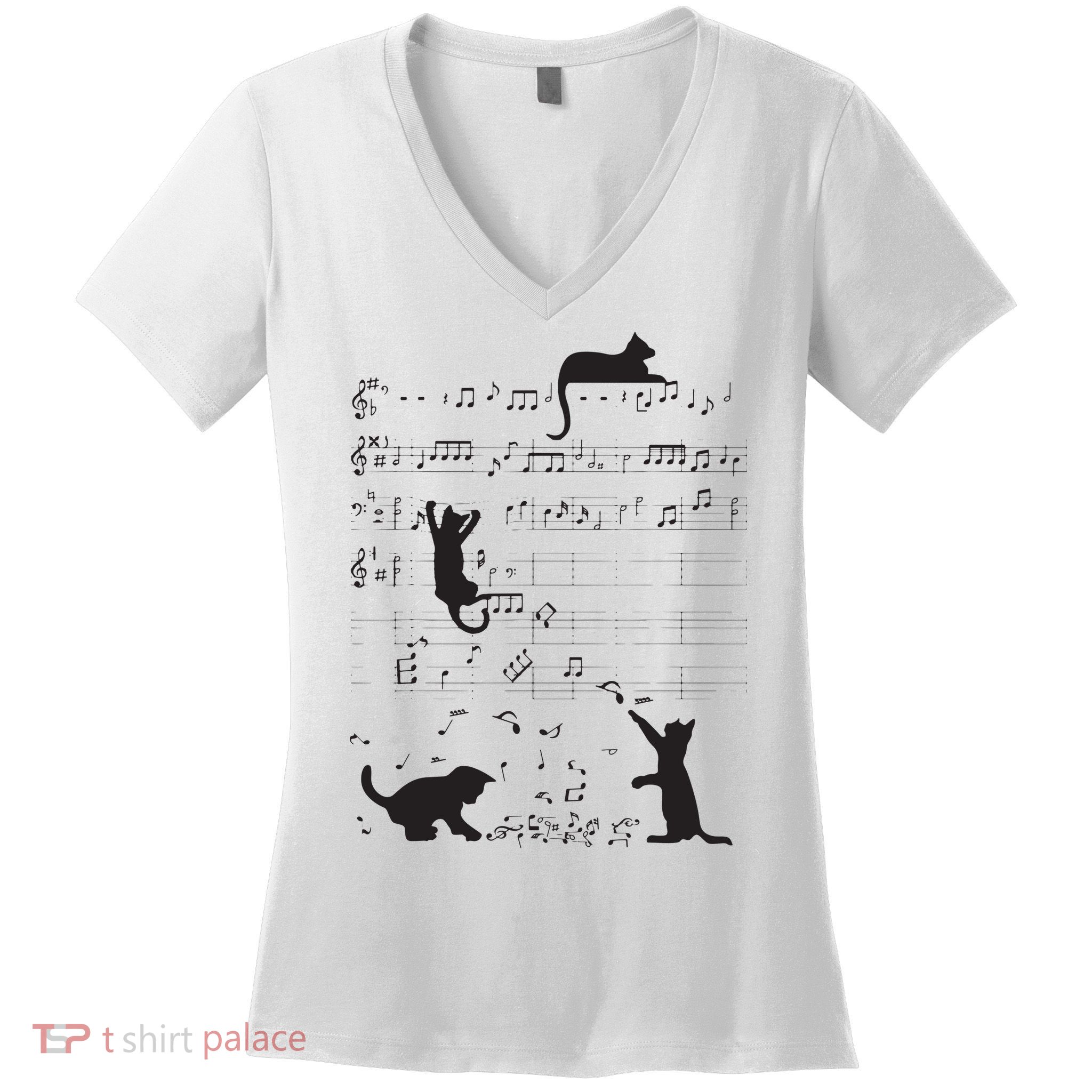 Cute Cat Kitty Playing Music Note Clef Musician Art Women's V-Neck T-Shirt