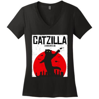 Catzilla Cat Kitten Feline Kitty Outfit Japan Movie Women's V-Neck T-Shirt
