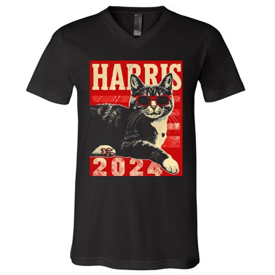 Cool Cat Kamala Vote For Democracy Harris 2024 V-Neck T-Shirt