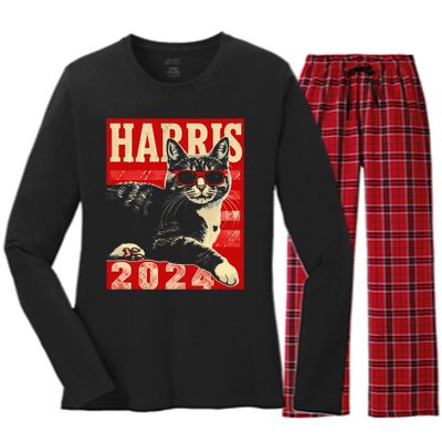 Cool Cat Kamala Vote For Democracy Harris 2024 Women's Long Sleeve Flannel Pajama Set 