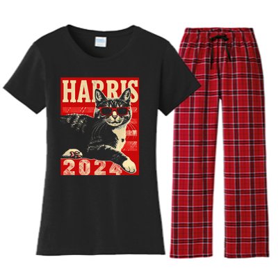 Cool Cat Kamala Vote For Democracy Harris 2024 Women's Flannel Pajama Set