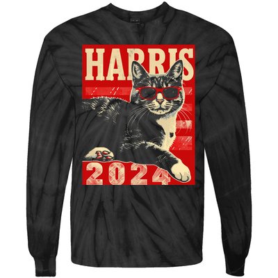 Cool Cat Kamala Vote For Democracy Harris 2024 Tie-Dye Long Sleeve Shirt