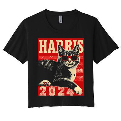 Cool Cat Kamala Vote For Democracy Harris 2024 Women's Crop Top Tee