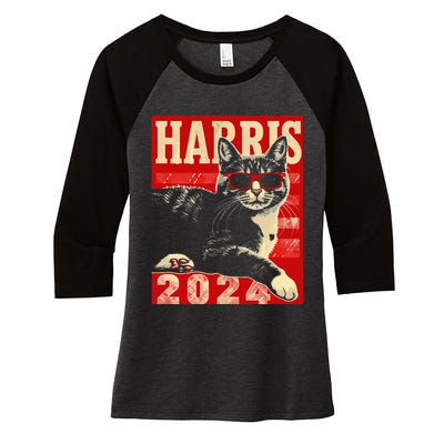 Cool Cat Kamala Vote For Democracy Harris 2024 Women's Tri-Blend 3/4-Sleeve Raglan Shirt