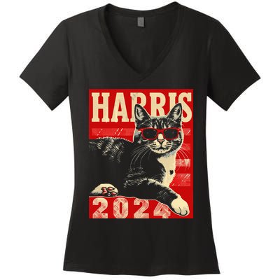 Cool Cat Kamala Vote For Democracy Harris 2024 Women's V-Neck T-Shirt