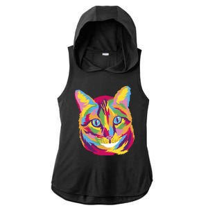 Colorful Cute Kitten Face Ladies PosiCharge Tri-Blend Wicking Draft Hoodie Tank