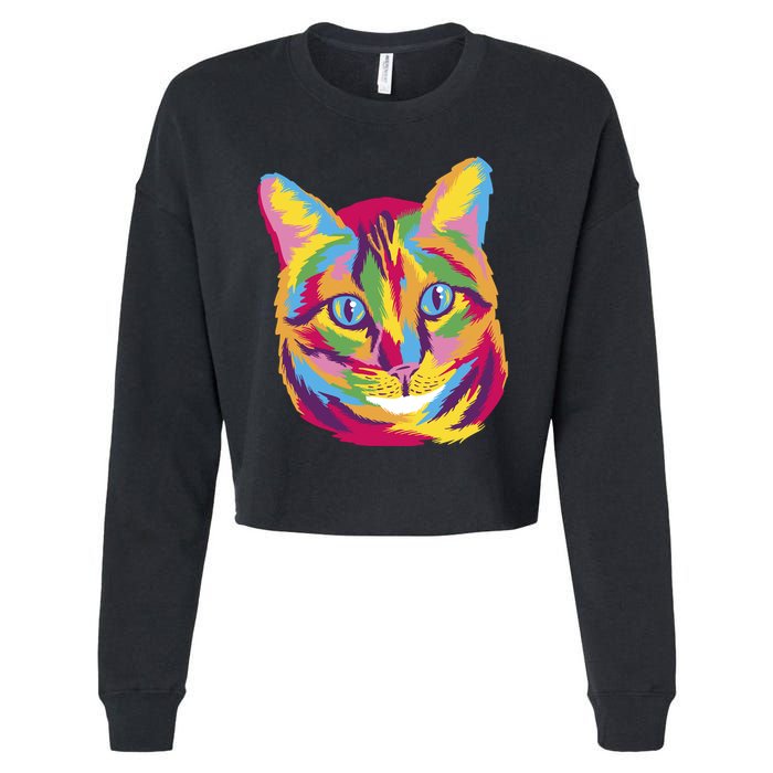 Colorful Cute Kitten Face Cropped Pullover Crew