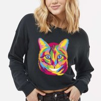 Colorful Cute Kitten Face Cropped Pullover Crew